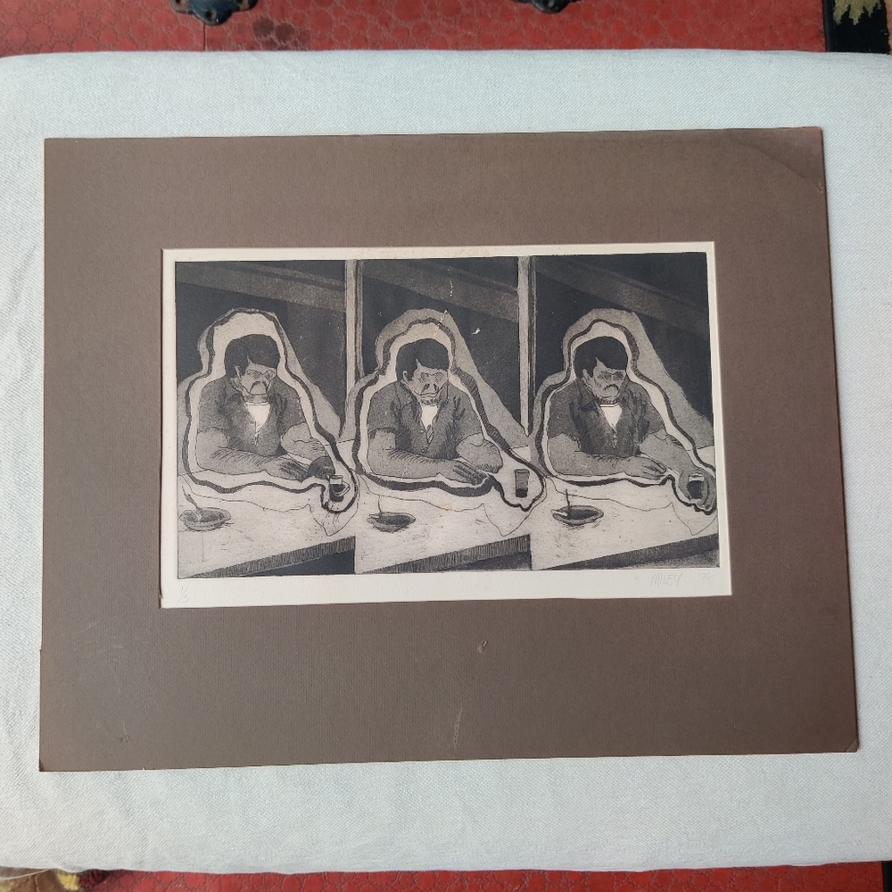1976 Etching Signed Amputee Prosthetic Man At Bar Triptych Numbered 1/5 Vietnam